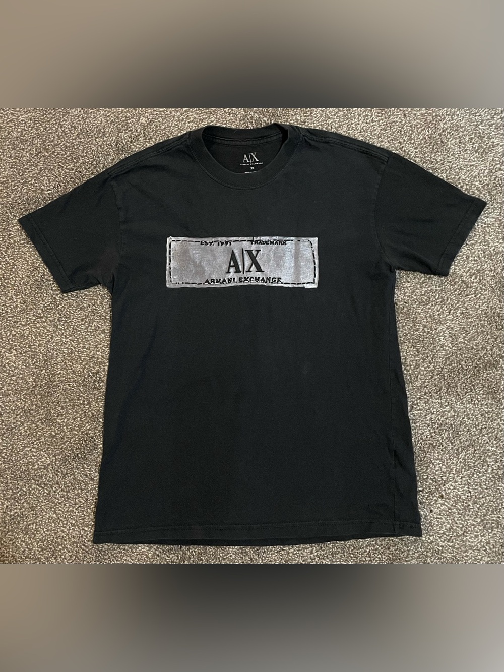 Armani Exchange Black Tee with Silver Logo Patch